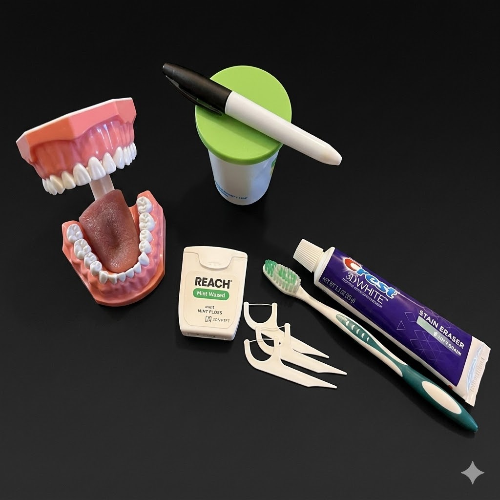 Dental hygiene kit with dental model and supplies
